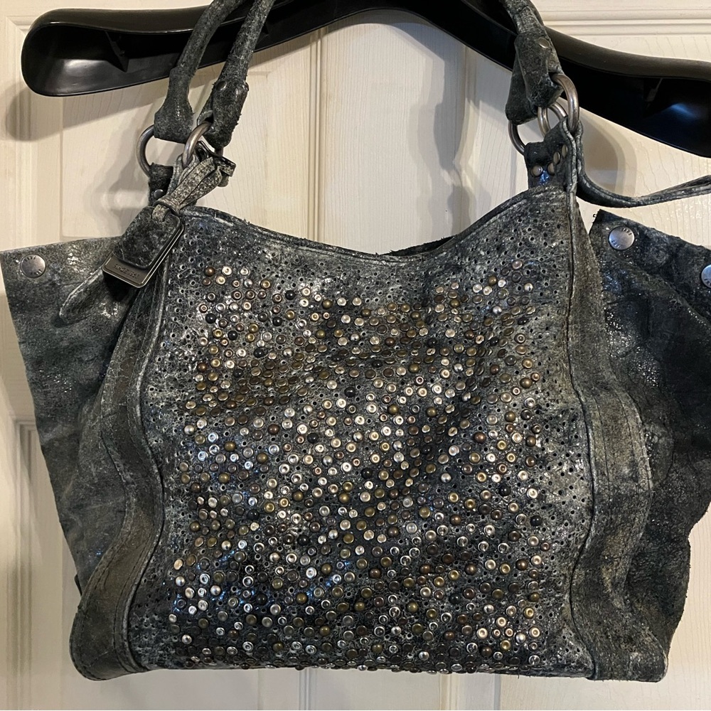 Slate Gray Leather Tote with Decorative rivets and Slouchy Shape